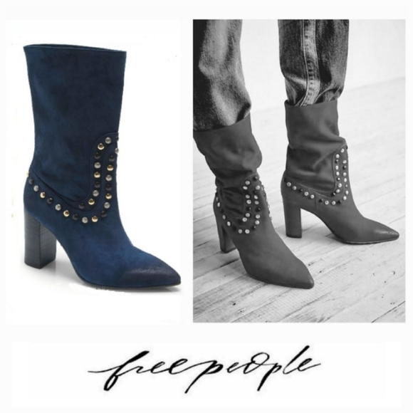 Western Chic Free People Blue Suede Studded Boots - Picture 1 of 8